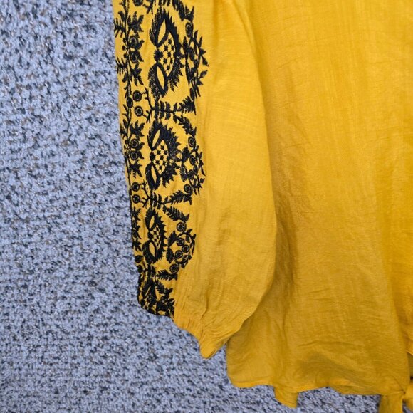 Olivia & Martin Top Womens Small Oversized Yellow V Neck Blouse Embroidered - Picture 3 of 7